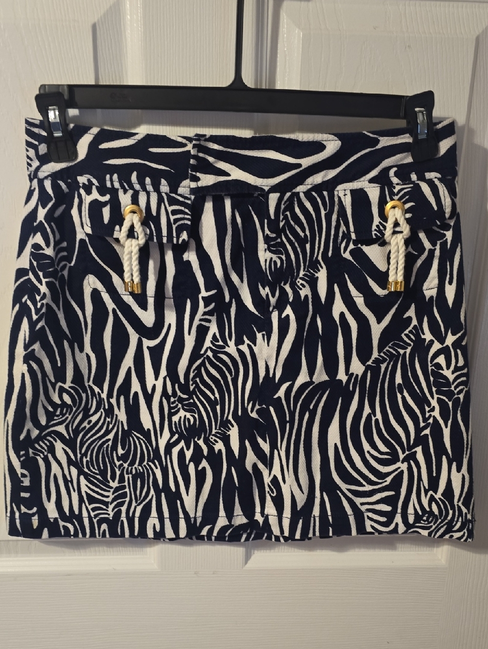 Lilly Pulitzer Navy and White Hidden Zebra-Print Mini Skirt with Rope Detail